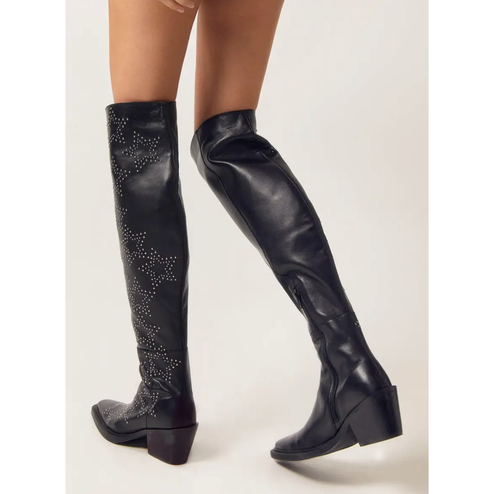 NEW NASTY GAL BLACK LEATHER STAR STUDDED OVER THE KNEE COWBOY BOOTS SZ 38 US 7 - Picture 2 of 8